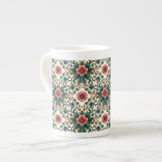 Caneca De Porcelana Magia Floral Boho - em Tons de Verde e Rosa (Frente Esquerda)