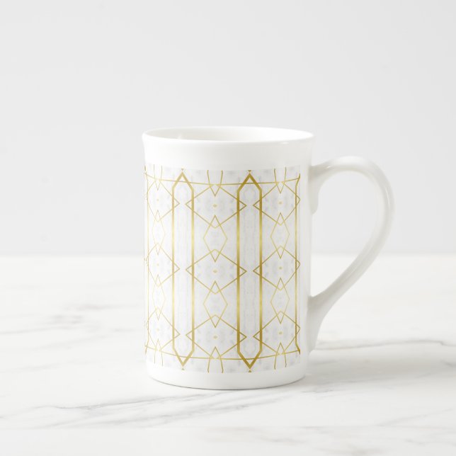Caneca De Porcelana Mármore branco e padrão geométrico Dourado (Direita)