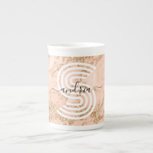 Caneca De Porcelana Mármore Brilho Dourado Rosa, Nome em Rascunho Mono