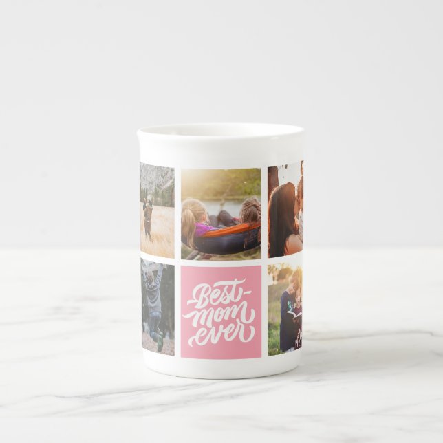 Caneca De Porcelana Melhor Mãe Já Personalizada Colagem de Fotos Rosa (Frente)