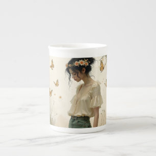 Caneca De Porcelana Menina Etérea com Borboletas na Natureza