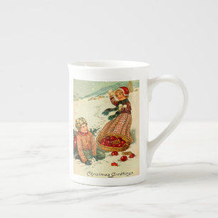 Caneca De Porcelana Menino e Menina Brincando na neve Natal Antigo