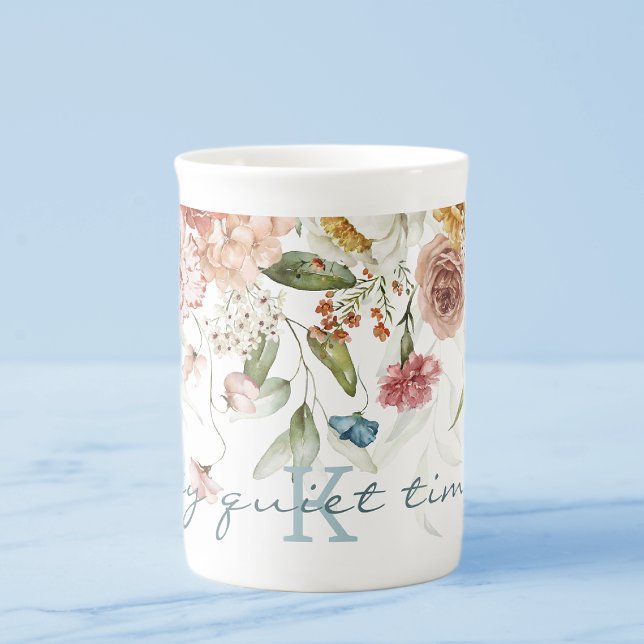 Caneca De Porcelana Meu Tempo Silencioso, Monograma Aquarela Floral 10 (Criador carregado)