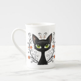Caneca De Porcelana Minimalist Black Cat Green Eyes Filigree Design