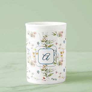 Caneca De Porcelana Monograma Aquarela 1600s Arte Floral 10oz