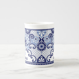 Caneca De Porcelana Monograma Azul e Branco Mexicano Talavera Azulejo 