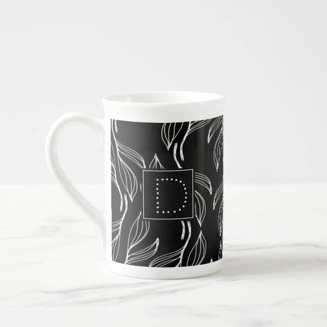 Caneca De Porcelana Monograma branco e preto-e-branco com vegetação bo (Esquerda)