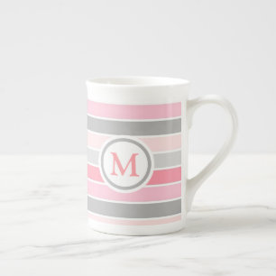 Caneca De Porcelana Monograma com risca rosa e Cinza
