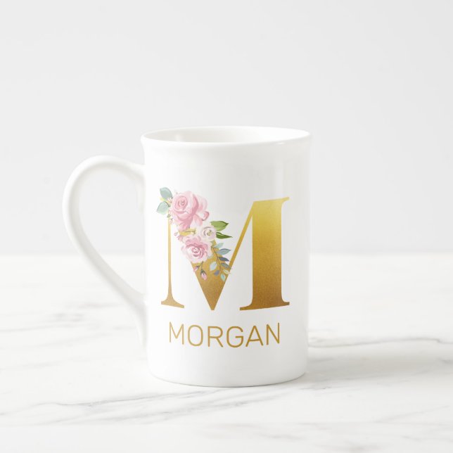 Caneca De Porcelana Monograma de Nome Inicial Floral Botânico Personal (Esquerda)