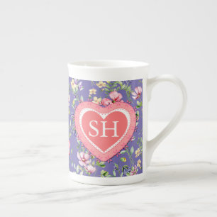 Caneca De Porcelana Monograma de Padrão de Aquarela de Flor Primavera