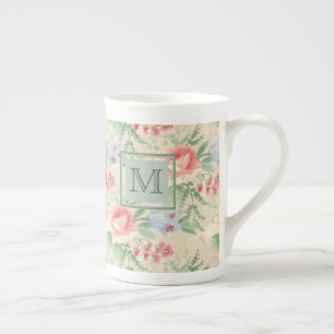 Caneca De Porcelana Monograma do padrão de flores rosa rosa-rosa com