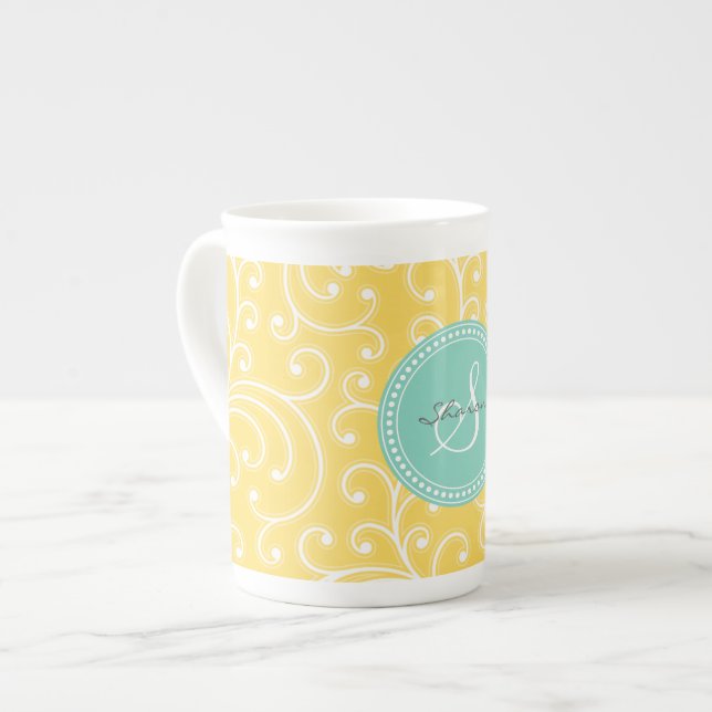 Caneca De Porcelana Monograma floral amarelo feminino elegante do (Frente Esquerda)