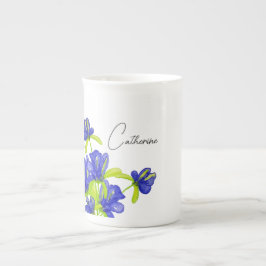Caneca De Porcelana Monograma Floral de Íris Índigo em Aquarela