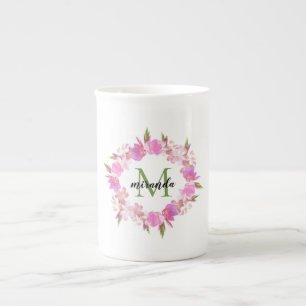 Caneca De Porcelana Monograma floral do nome da grinalda da aguarela