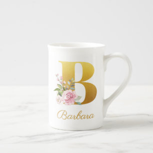 Caneca De Porcelana Monograma Floral Nome Botânico Inicial B Personali