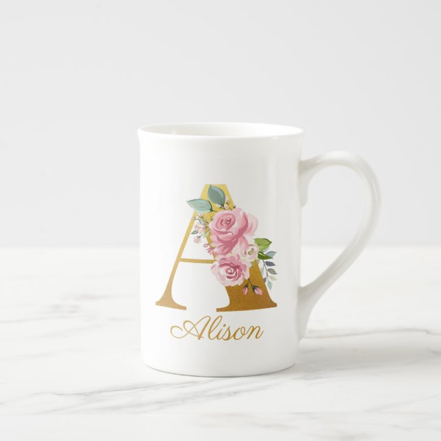Caneca De Porcelana Monograma Floral Nome Inicial Botânico Personaliza (Direita)