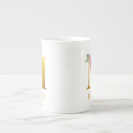 Caneca De Porcelana Monograma Floral Nome Inicial Botânico Personaliza