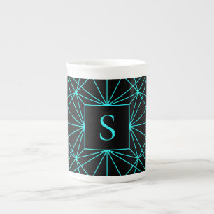 Caneca De Porcelana Monograma Inicial Desenho Geométrico Turquesa