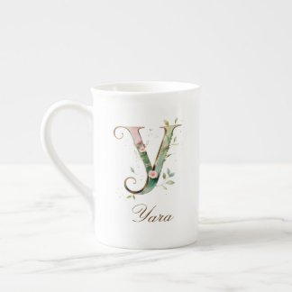 Caneca De Porcelana Monograma Inicial Y Floral Dourado Personalizado