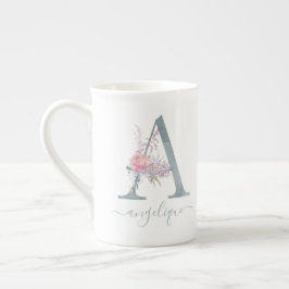 Caneca De Porcelana Monograma - Letra aquosa cor-de-rosa, floral A