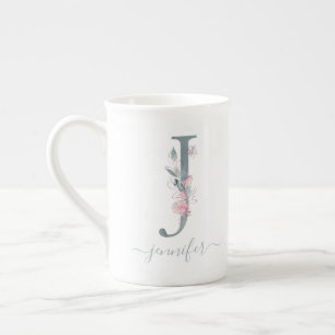 Caneca De Porcelana Monograma - Letra floral cor de água rosa escura 