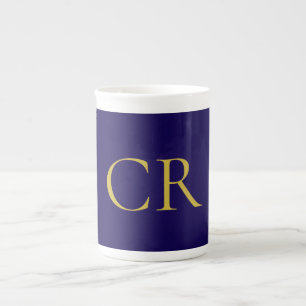 Caneca De Porcelana Monograma Moderno Minimalista Cor Azul e Dourado