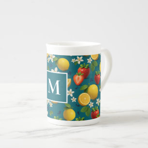 Caneca De Porcelana Morango e Design de Flor de Limão em Azul