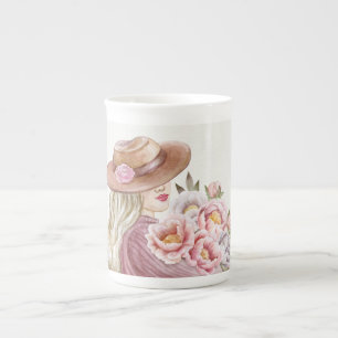 Caneca De Porcelana Mulher Elegante com Peonies Watercolor Impressão