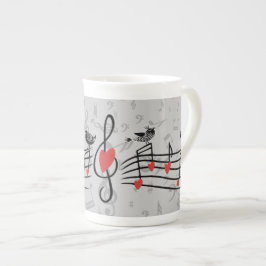Caneca De Porcelana Música Adoram Pássaros em Notas Musicais de Cinza