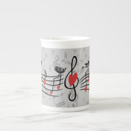 Caneca De Porcelana Música Adoram Pássaros em Notas Musicais de Cinza