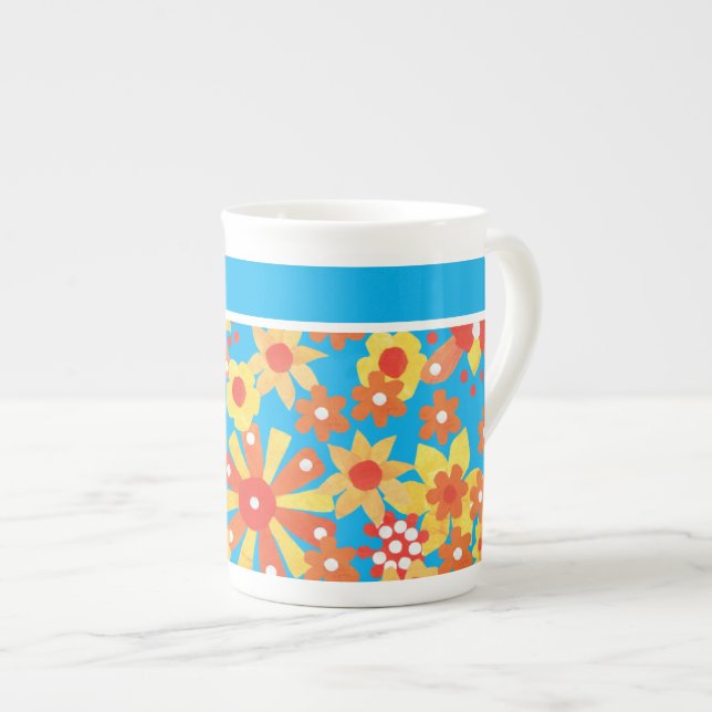 Caneca De Porcelana Na moda Bone China Mug, Flores Laranja Ditzy (Frente Esquerda)