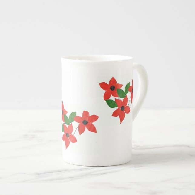 Caneca De Porcelana Na moda White Bone China Mug Red Floral Design (Frente Esquerda)
