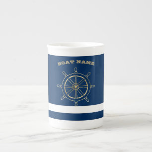 Caneca De Porcelana Náutica, Roda Dourada do Barco, Marinho Blue Strip