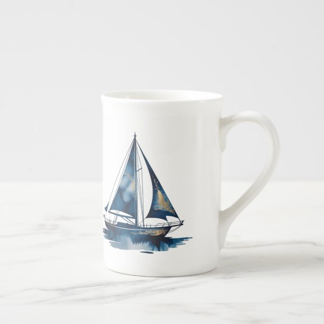 Caneca De Porcelana Navy and Gold Nautical Boat Gold Frame Wedding (Direita)