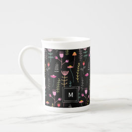Caneca De Porcelana Néon Flores selvagens a preto, monograma