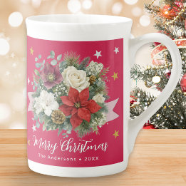 Caneca De Porcelana Nome da Família Feliz Natal Floral Vermelho