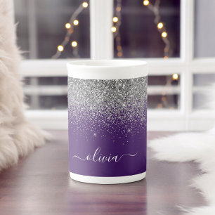 Caneca De Porcelana Nome de Monograma Glitter Rosa Prata Feminino