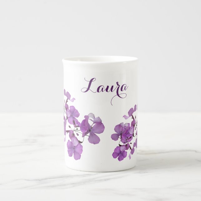 Caneca De Porcelana Nome Laura monograma floral roxo personalizável (Frente)