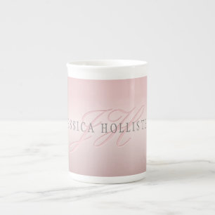 Caneca De Porcelana Nome & Monograma Bege Dourado Rosa FAUX Macio