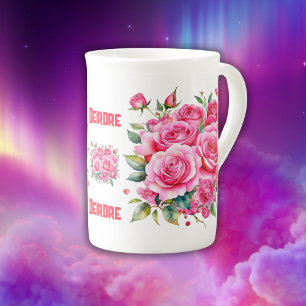 Caneca De Porcelana Nome Monograma Rosas Rosa  