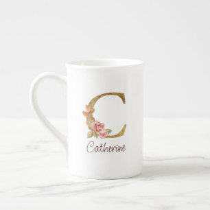 Caneca De Porcelana Nome Personalizado Folha de Ouro Blush Rosas Rosa 