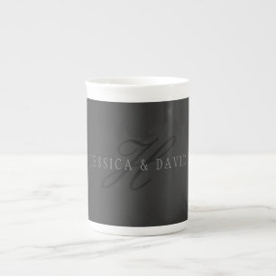 Caneca De Porcelana Nomes Elegantes & Monograma Cinzas Escuro & Clar
