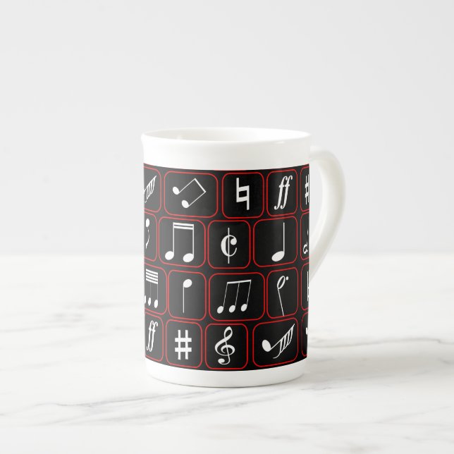 Caneca De Porcelana Notas geométricas preto e branco vermelhas à moda (Frente Esquerda)