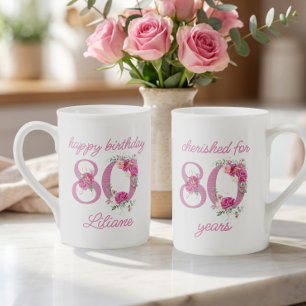 Caneca De Porcelana Número Floral Aniversário de 80 Anos Prezado por 8