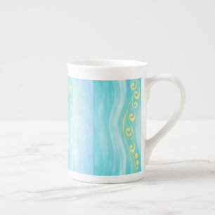 Caneca De Porcelana Onda do Mar Azul e Dourado