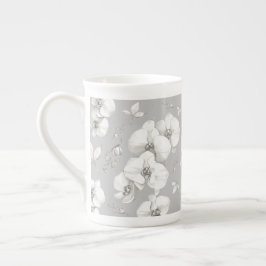 Caneca De Porcelana Orquídea Branca de Aquarela na Cinza |