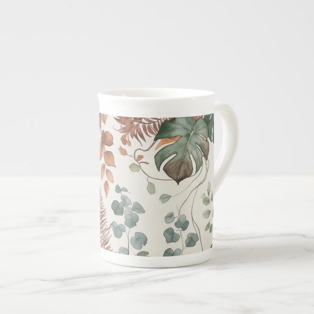 Caneca De Porcelana Padrão botânico boho contínuo Flores  (Frente Esquerda)