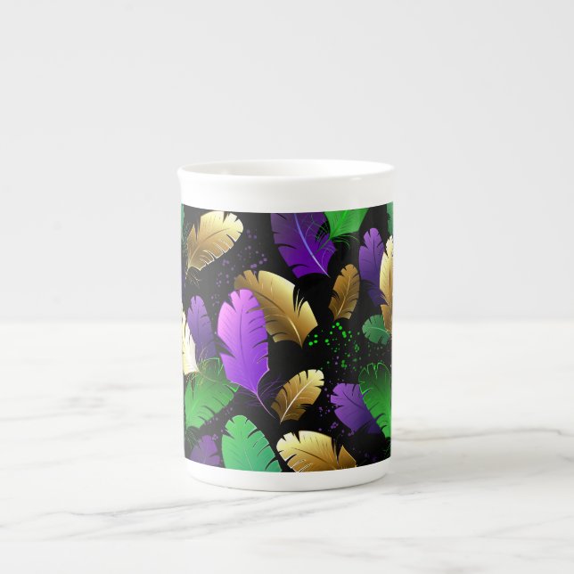 Caneca De Porcelana Padrão contínuo com penas de Mardi Gras (Frente)