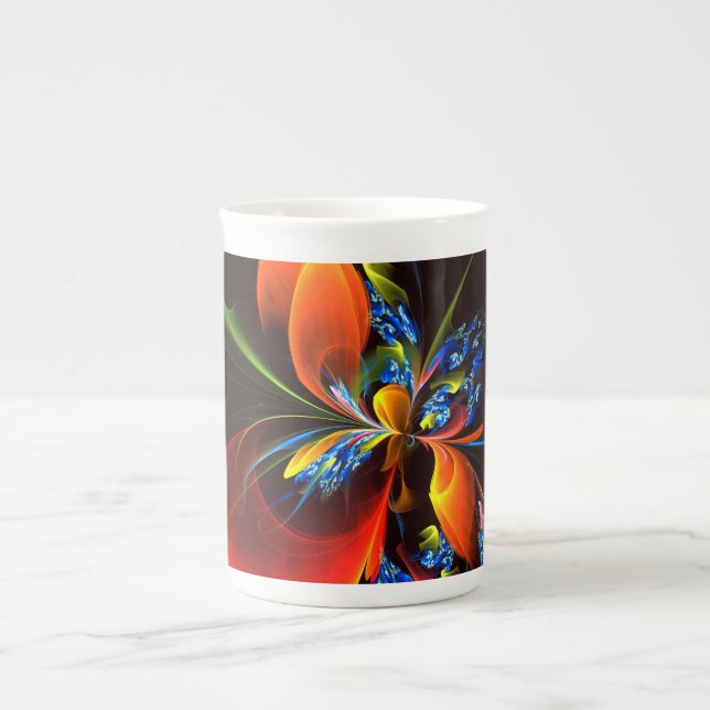 Caneca De Porcelana Padrão de Abstrato de Arte Floral Azul Laranja Mod (Frente)