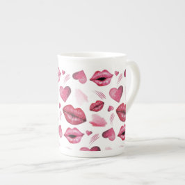 Caneca De Porcelana Padrão de Beijos e Corações Aquarela